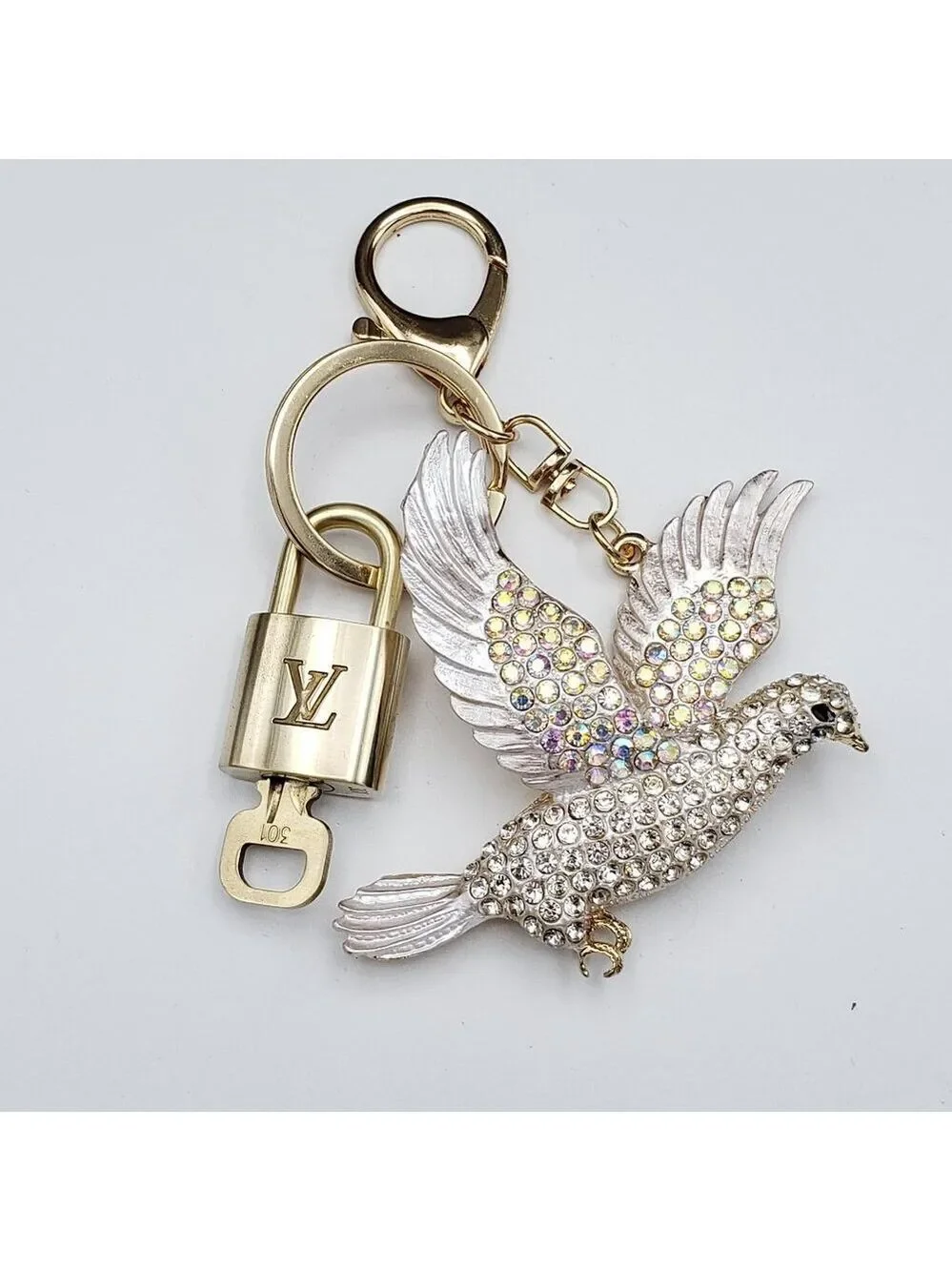 Authentic Louis Vuitton Lock & Key with Unbranded Dove Charm, Keychain